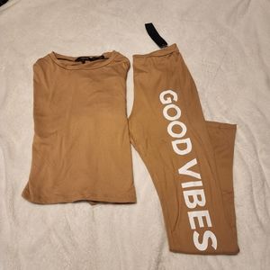 2 piece brown "Good Vibes" legging set...Top fits oversized